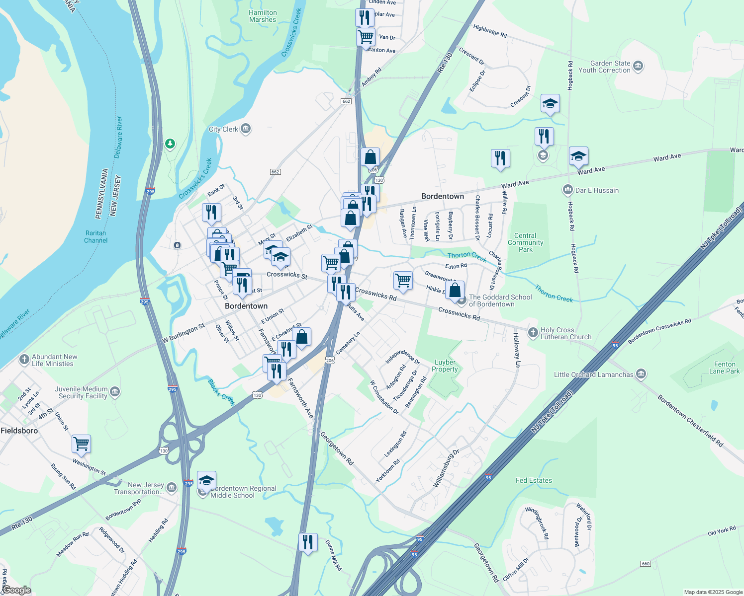 map of restaurants, bars, coffee shops, grocery stores, and more near 186 Crosswicks Road in Bordentown