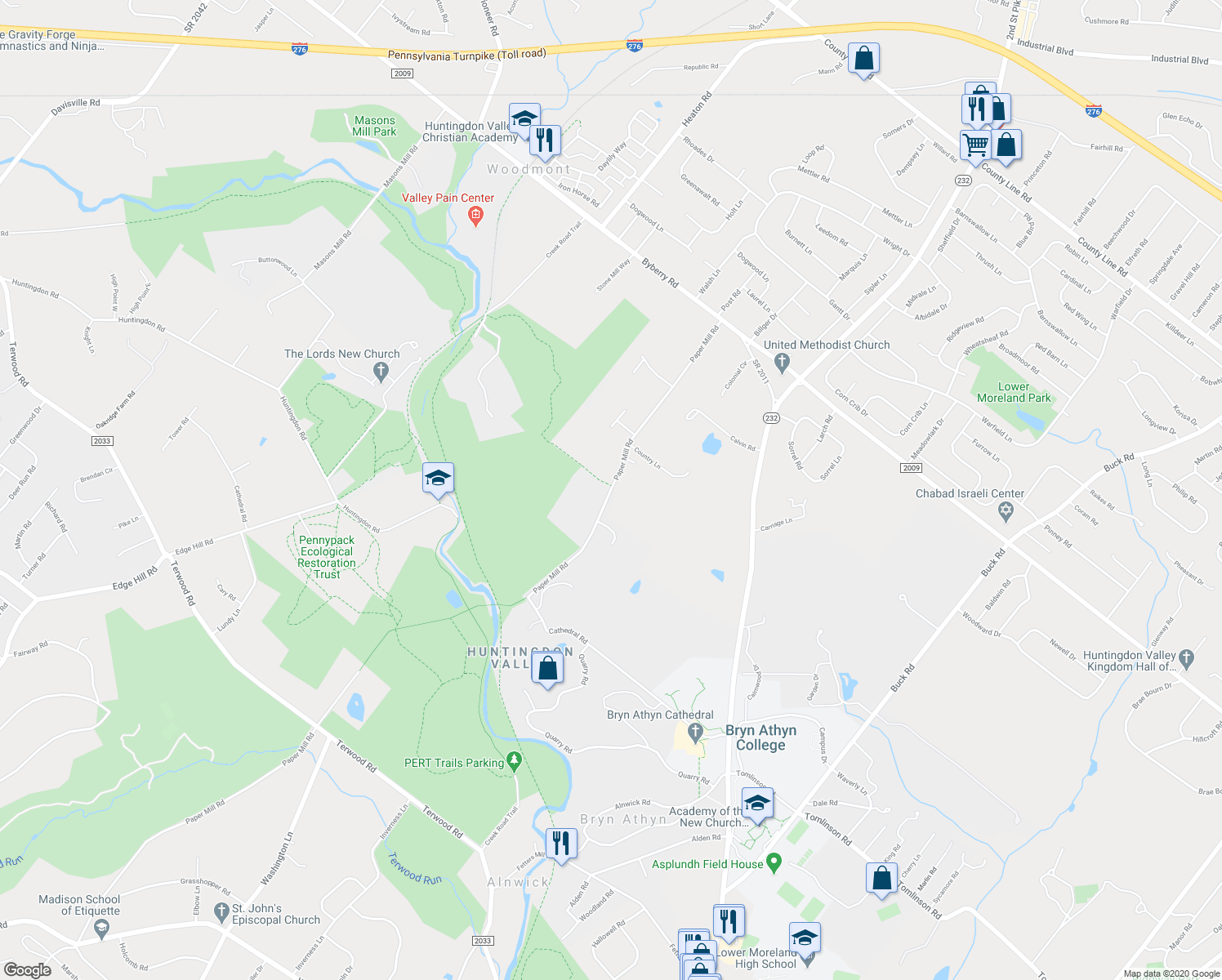 map of restaurants, bars, coffee shops, grocery stores, and more near 3080 Paper Mill Road in Bryn Athyn