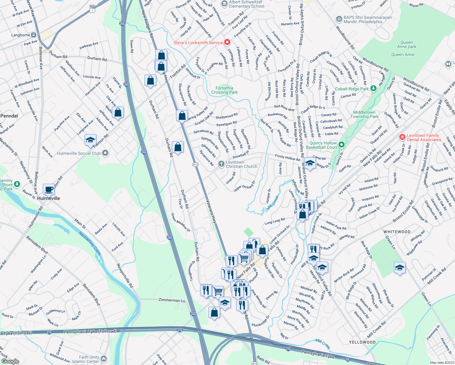 map of restaurants, bars, coffee shops, grocery stores, and more near 15 Umber Rd in Levittown