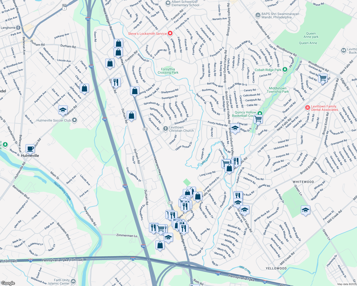 map of restaurants, bars, coffee shops, grocery stores, and more near 16 Underwood Rd in Levittown