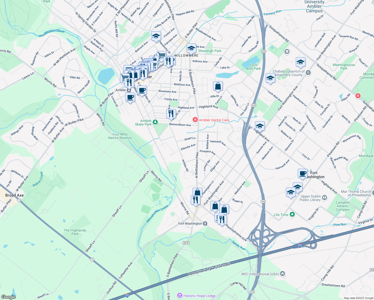 map of restaurants, bars, coffee shops, grocery stores, and more near 413 Ellerslie Avenue in Ambler
