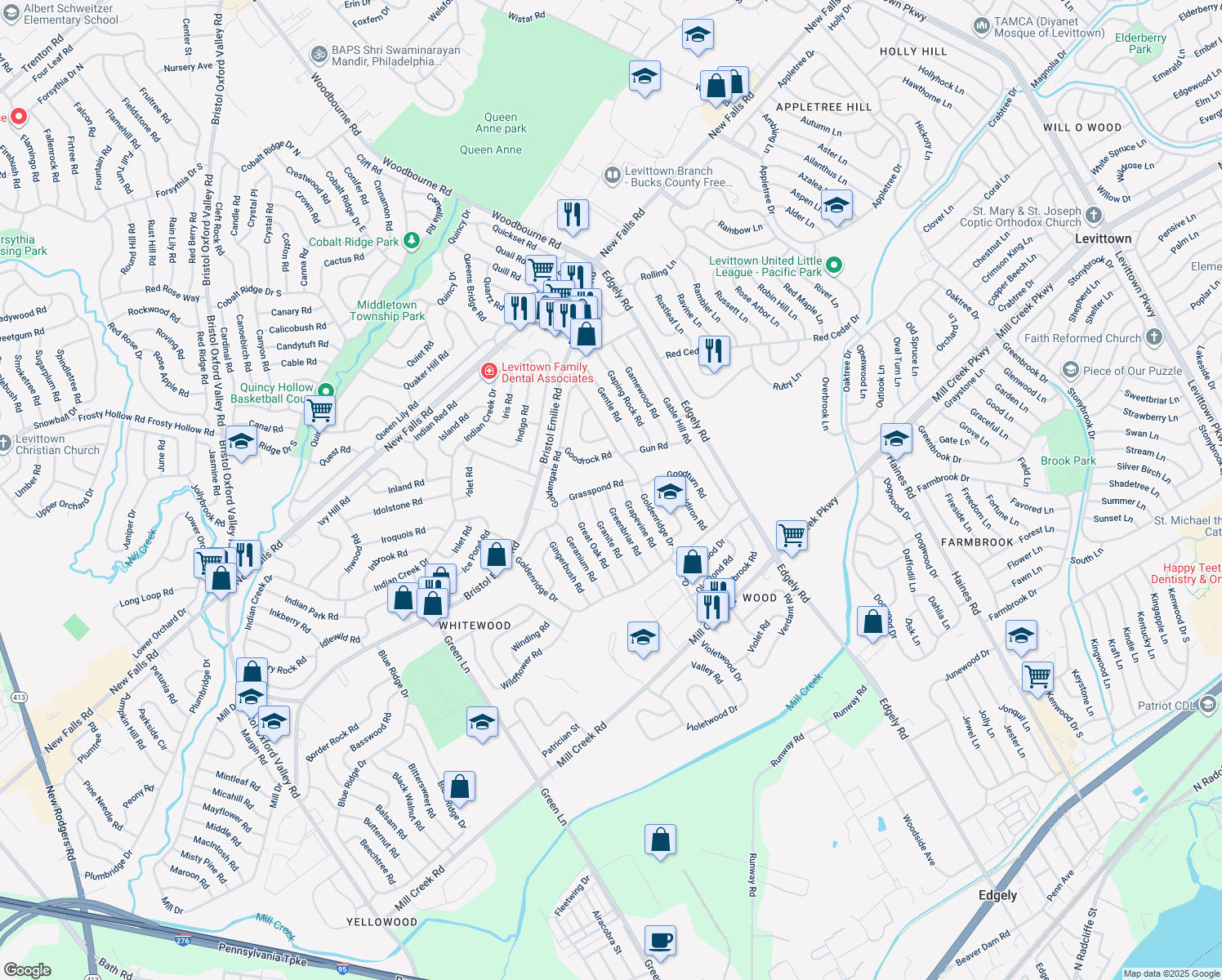 map of restaurants, bars, coffee shops, grocery stores, and more near 42 Grasspond Road in Levittown