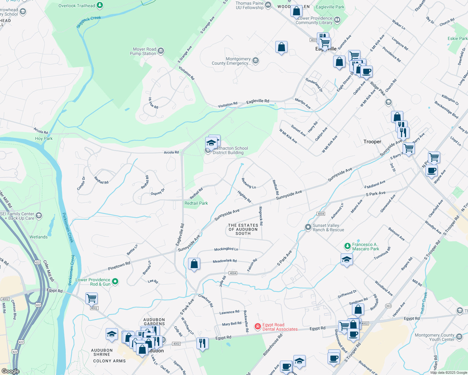 map of restaurants, bars, coffee shops, grocery stores, and more near 3037 Highley Road in Audubon