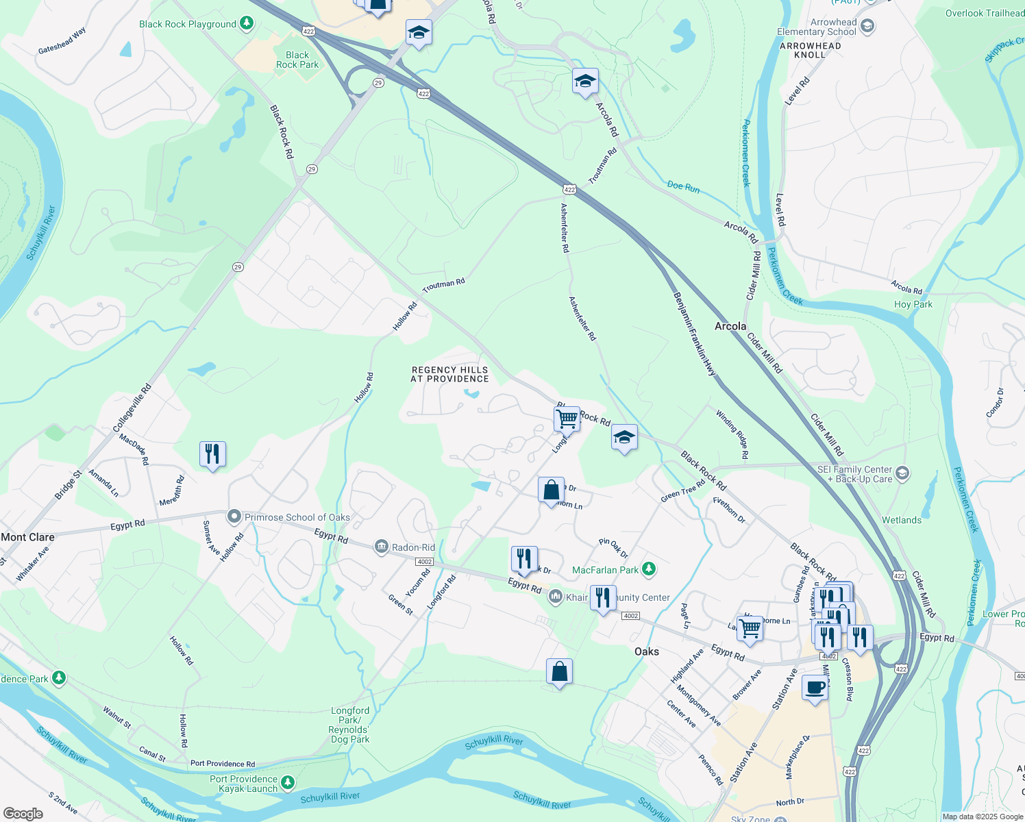 map of restaurants, bars, coffee shops, grocery stores, and more near 504 Quincy St in Collegeville