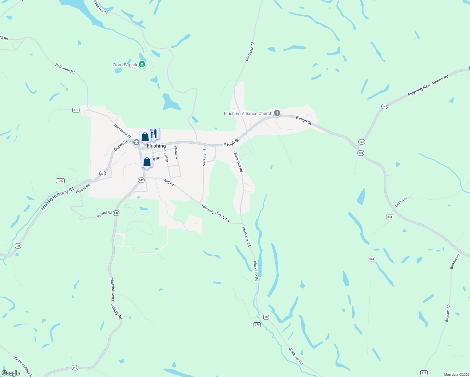 map of restaurants, bars, coffee shops, grocery stores, and more near 41152 Black Oak Road in Flushing