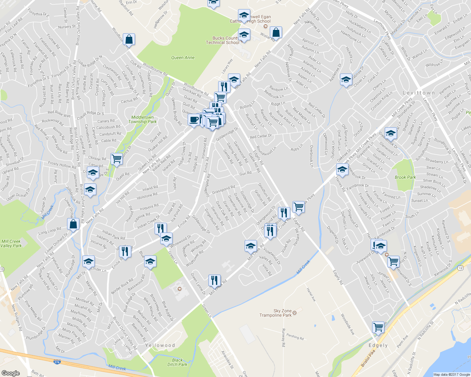 map of restaurants, bars, coffee shops, grocery stores, and more near 54 Grasspond Road in Levittown