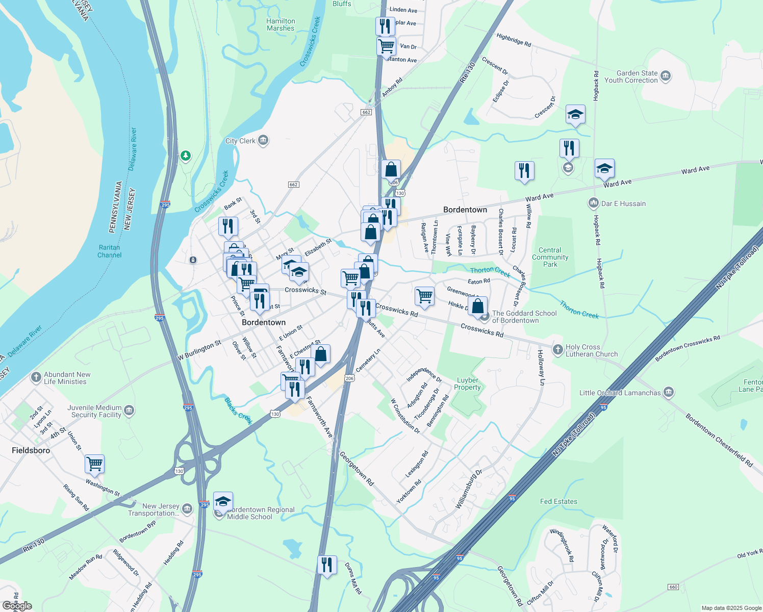 map of restaurants, bars, coffee shops, grocery stores, and more near 179A Crosswicks Road in Bordentown