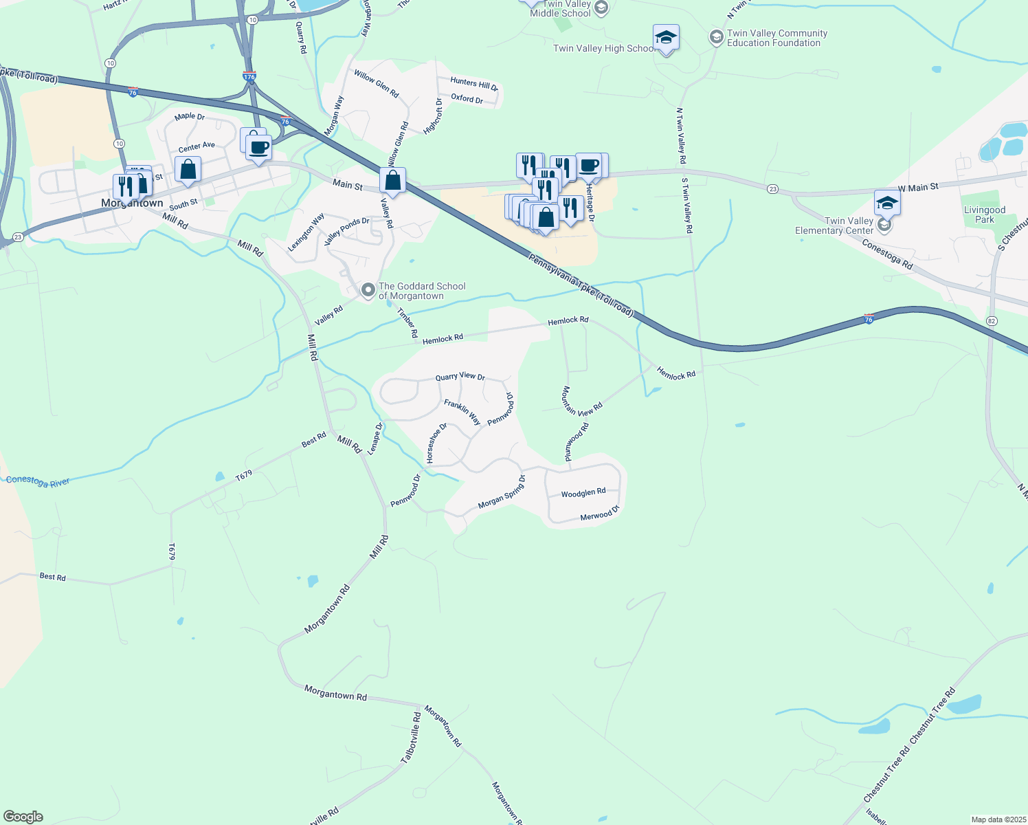 map of restaurants, bars, coffee shops, grocery stores, and more near 48 Pennwood Drive in Morgantown