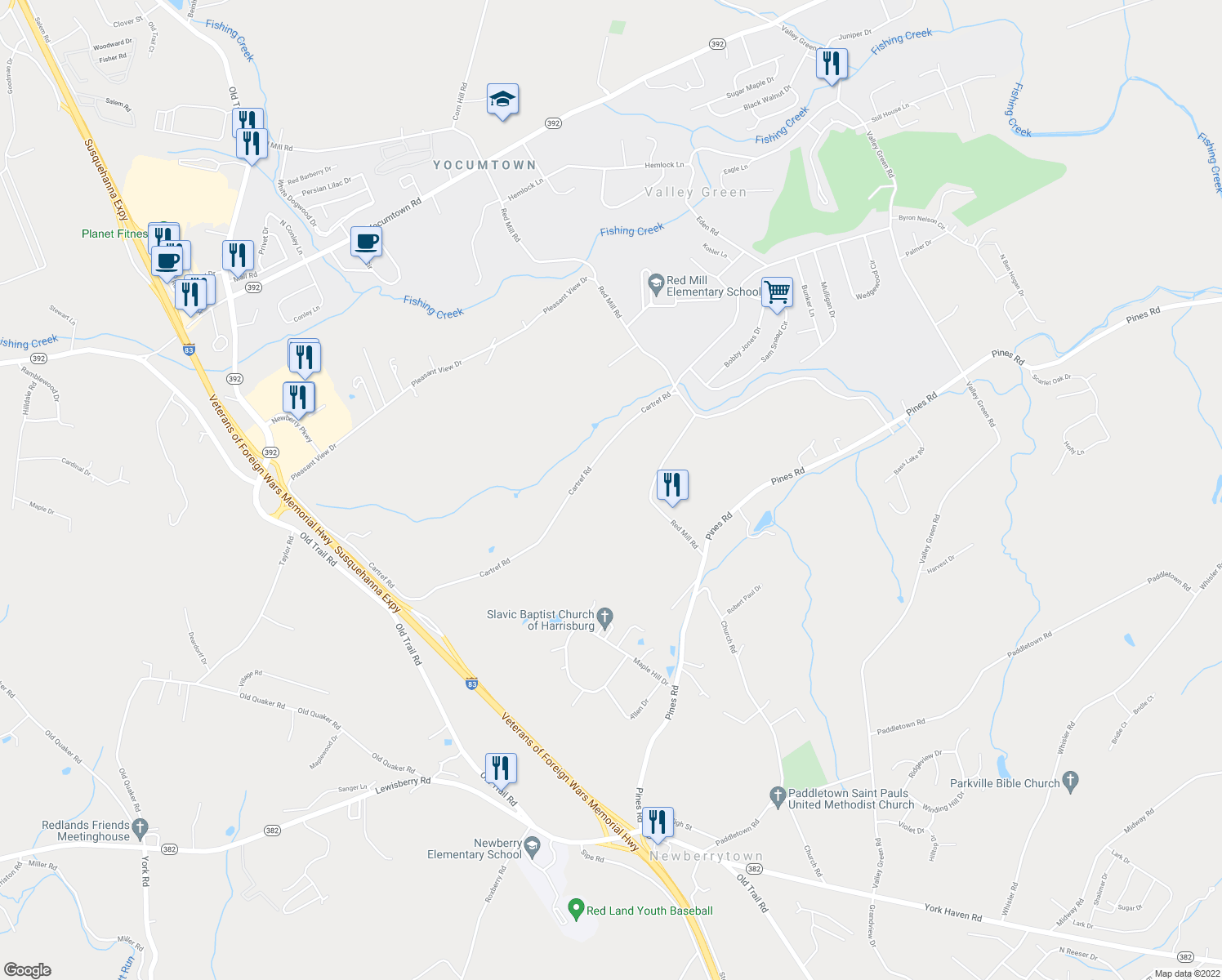 map of restaurants, bars, coffee shops, grocery stores, and more near 720 Cartref Road in Goldsboro