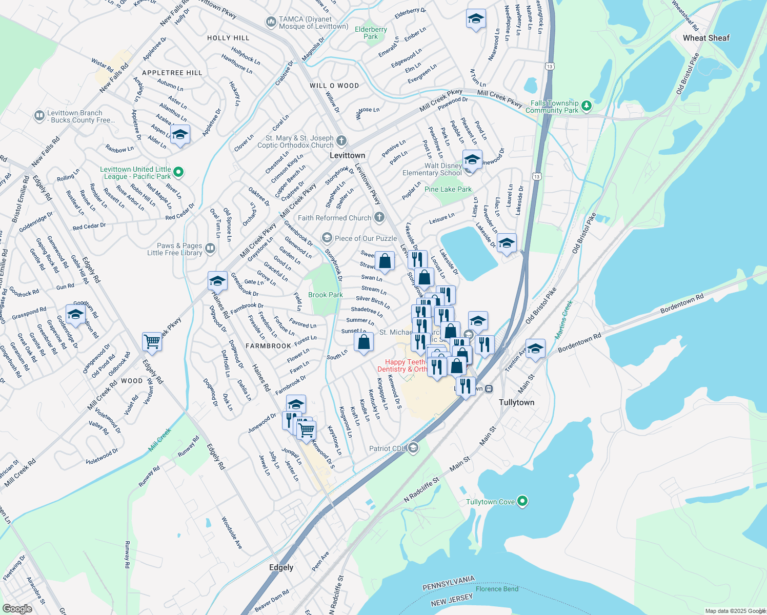 map of restaurants, bars, coffee shops, grocery stores, and more near 50 Silver Birch Lane in Levittown