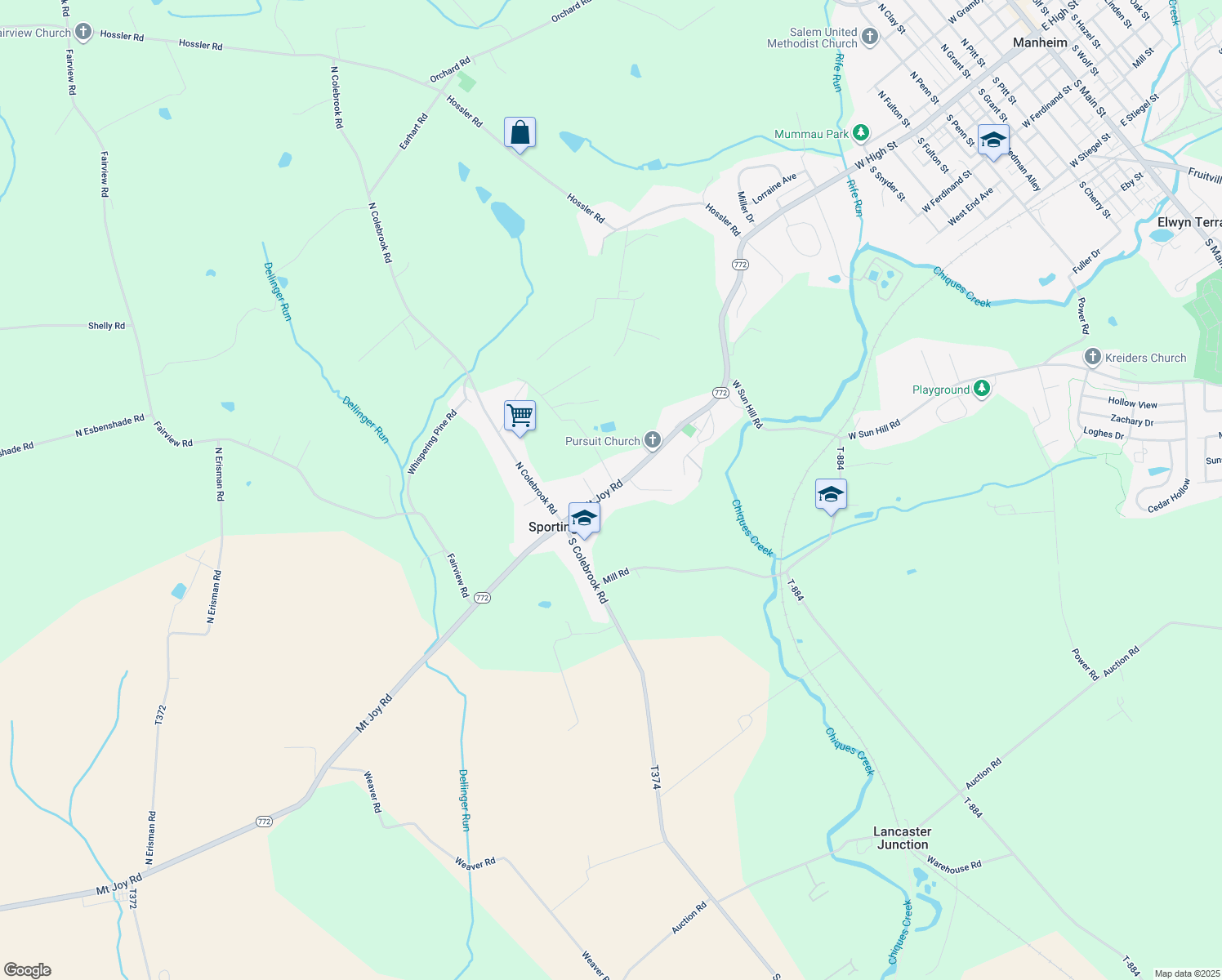 map of restaurants, bars, coffee shops, grocery stores, and more near 1137 Mount Joy Road in Manheim