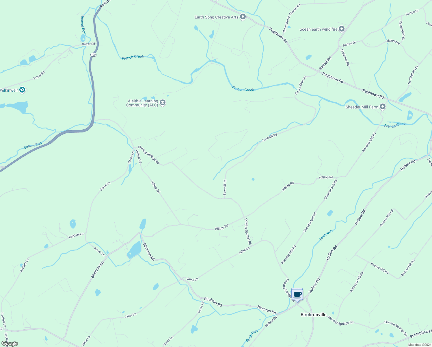 map of restaurants, bars, coffee shops, grocery stores, and more near 1629 Sawmill Road in Spring City