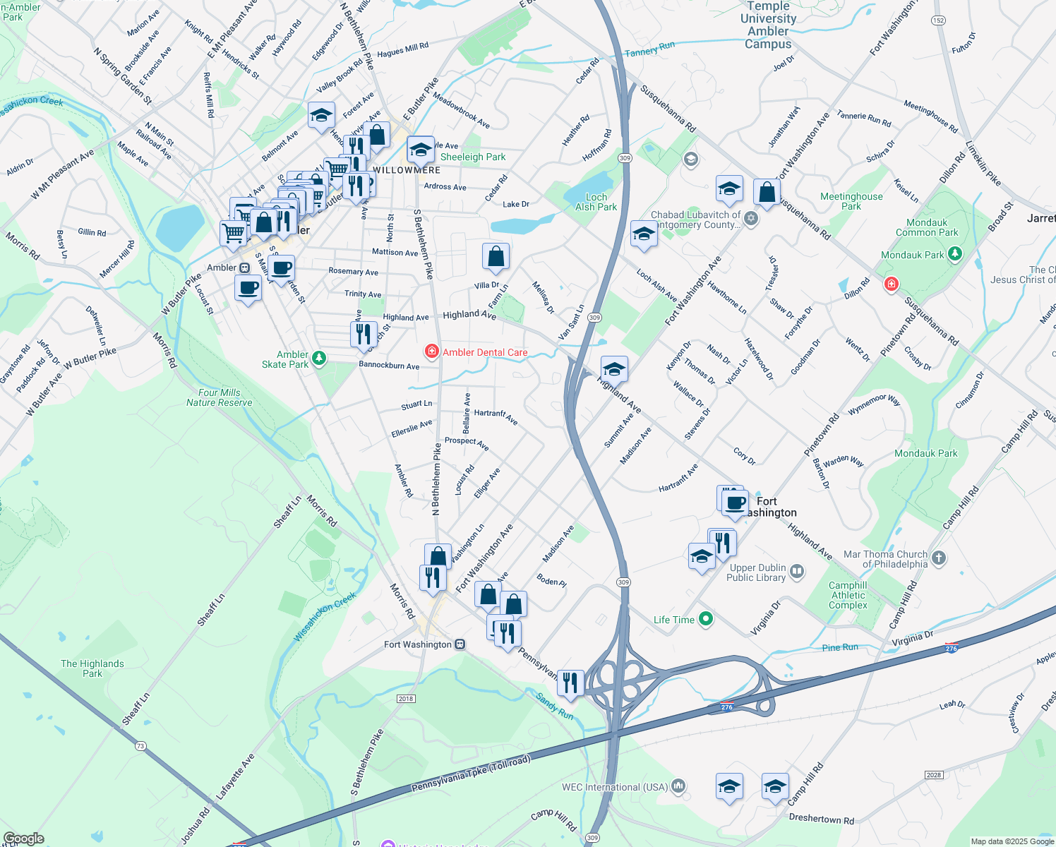 map of restaurants, bars, coffee shops, grocery stores, and more near 712 Hartranft Avenue in Fort Washington