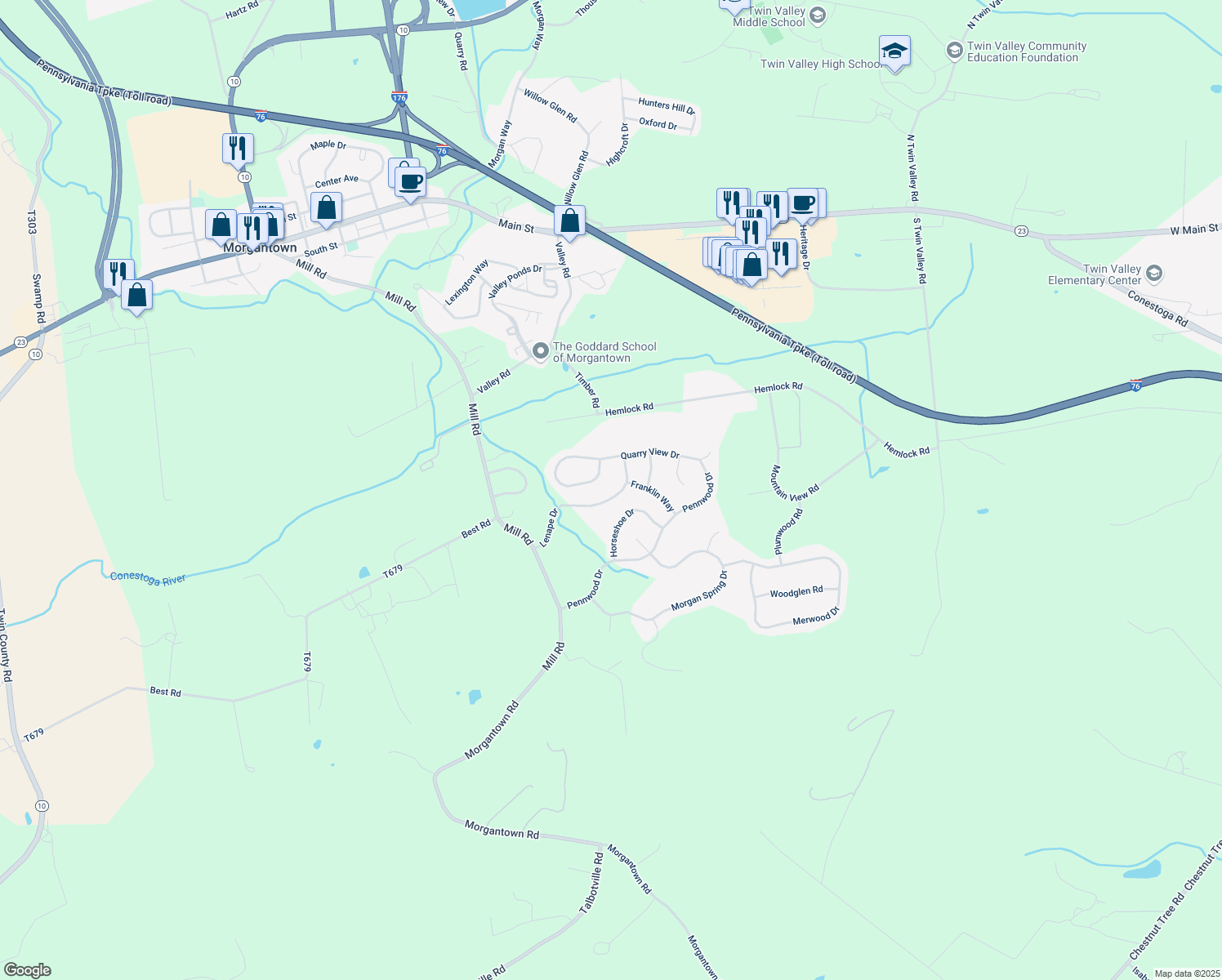 map of restaurants, bars, coffee shops, grocery stores, and more near 14 Lenape Drive in Morgantown