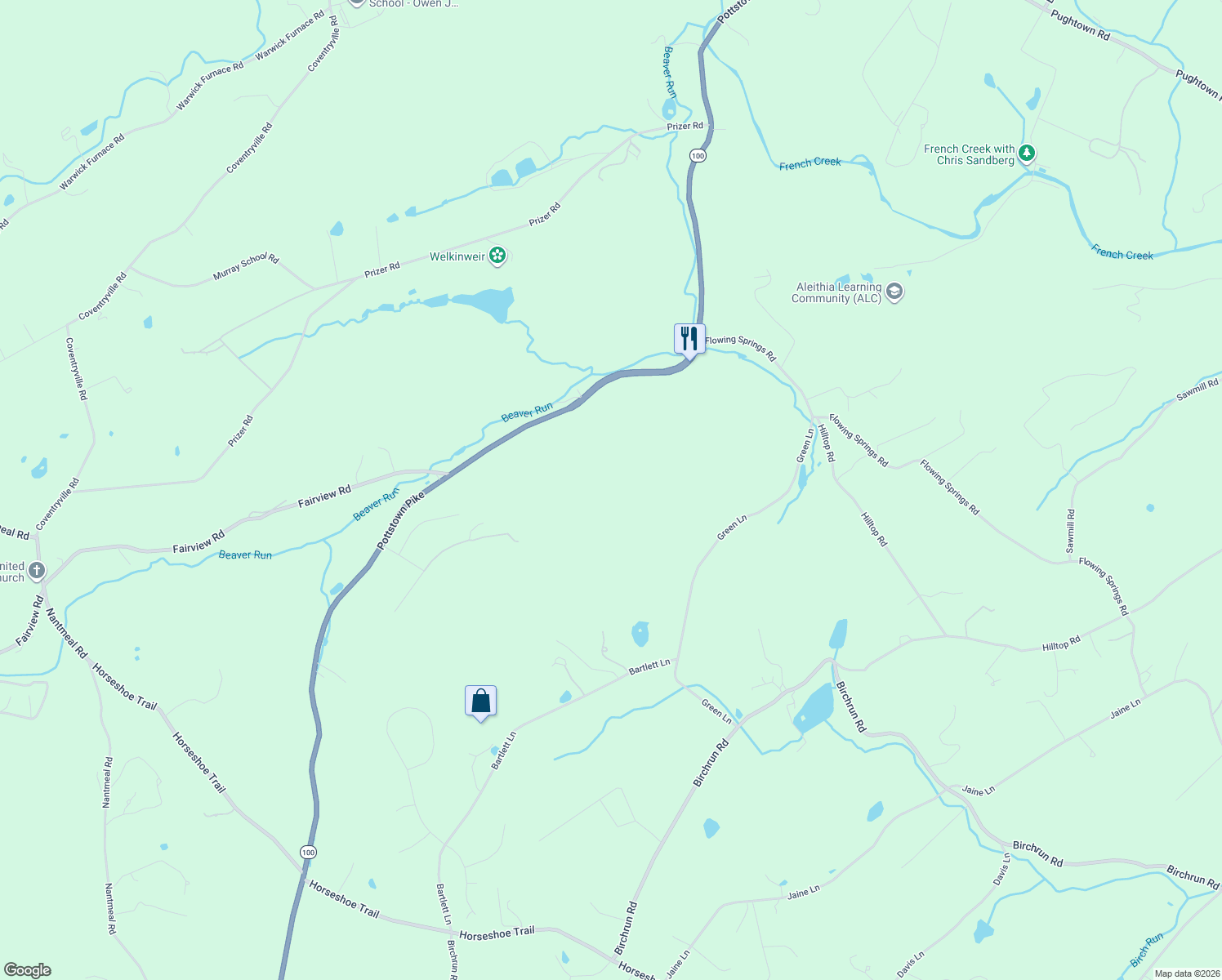 map of restaurants, bars, coffee shops, grocery stores, and more near in Chester Springs