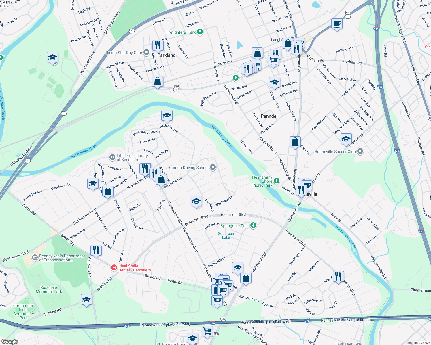 map of restaurants, bars, coffee shops, grocery stores, and more near 6432 Thomas Paine Court in Bensalem