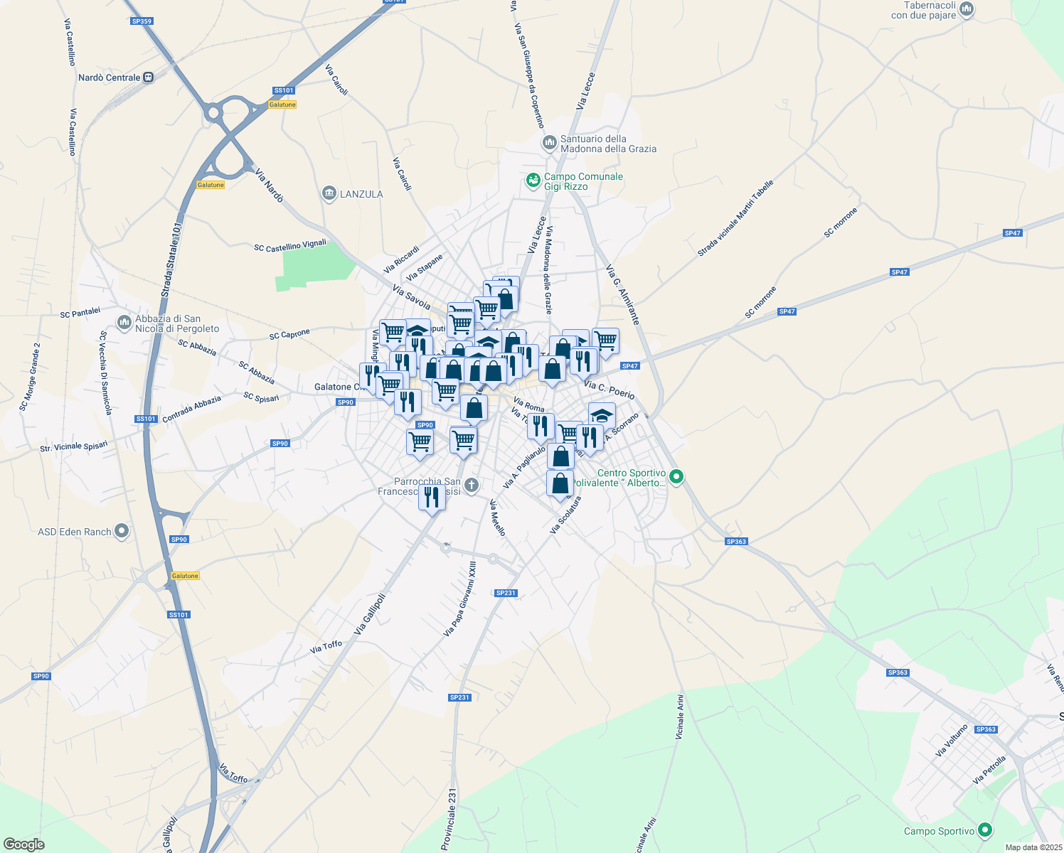 map of restaurants, bars, coffee shops, grocery stores, and more near 16 Via Torrente in Galatone