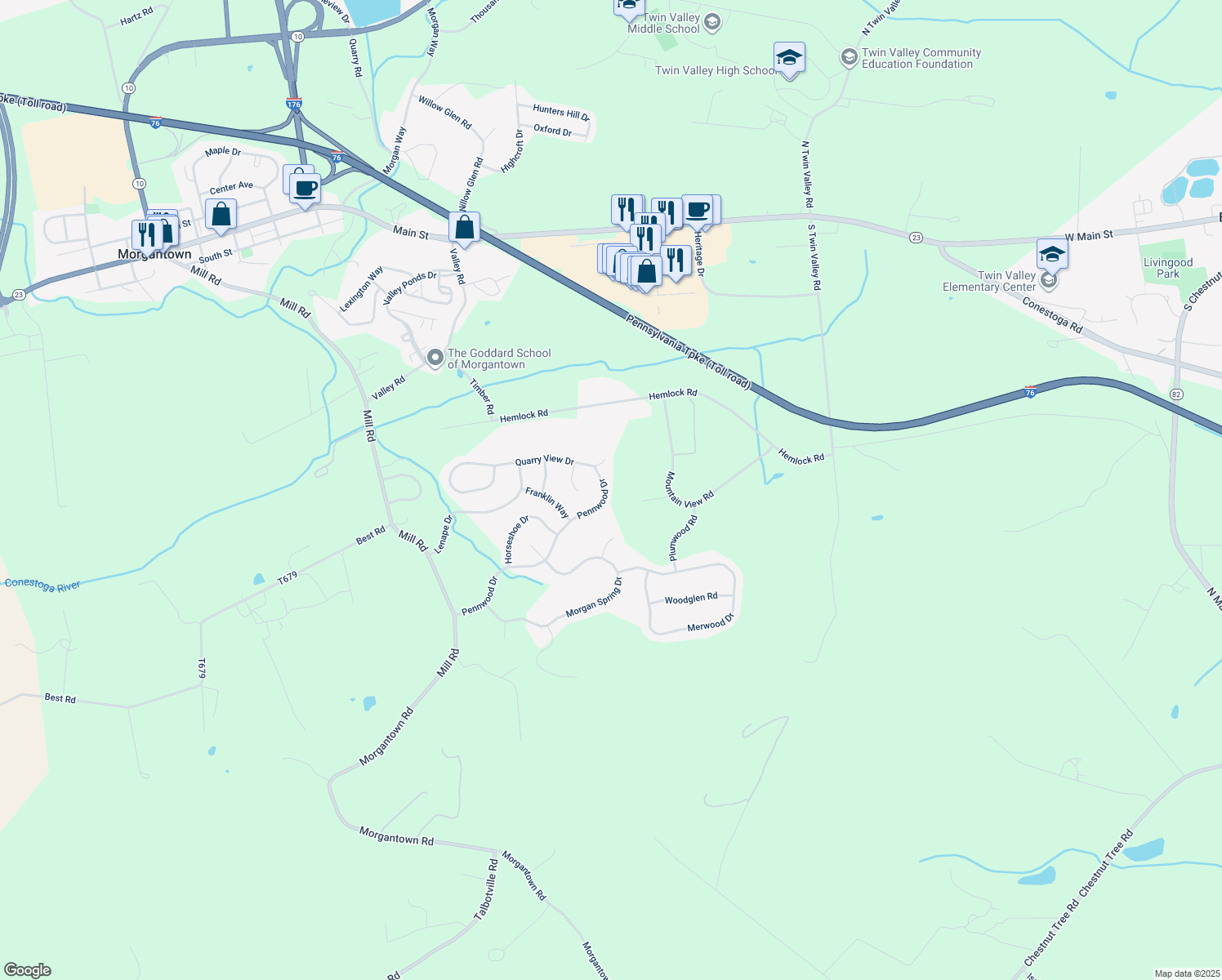 map of restaurants, bars, coffee shops, grocery stores, and more near 52 Pennwood Drive in Morgantown