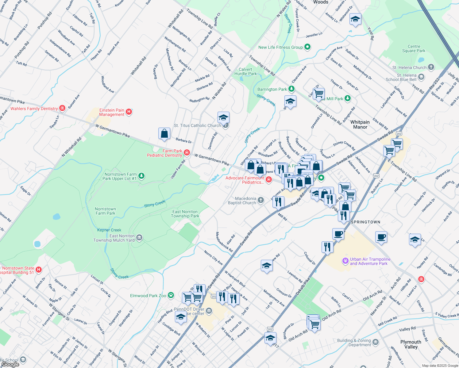map of restaurants, bars, coffee shops, grocery stores, and more near 128 Cedar Court in Norristown