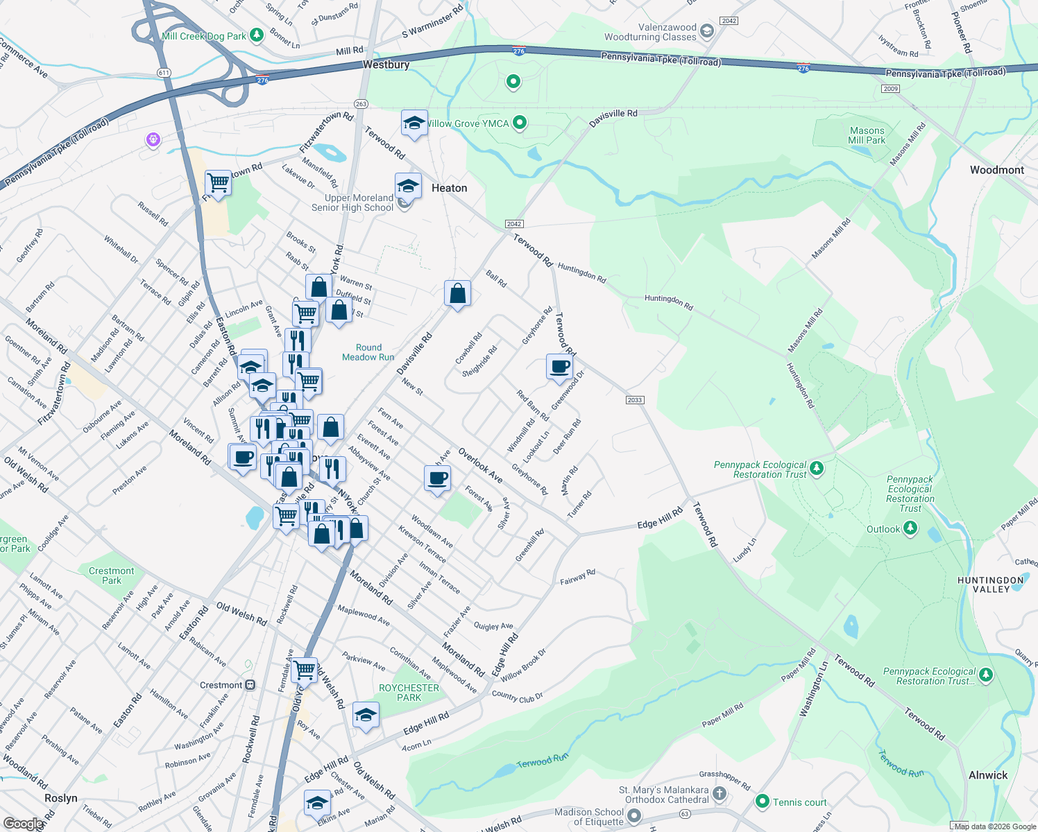 map of restaurants, bars, coffee shops, grocery stores, and more near 1201 Division Avenue in Willow Grove