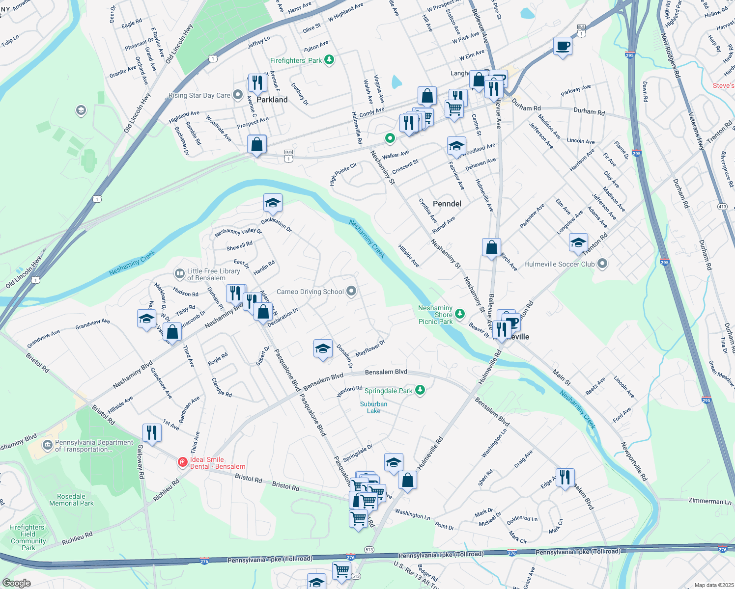 map of restaurants, bars, coffee shops, grocery stores, and more near 6541 Jefferson Ct in Bensalem