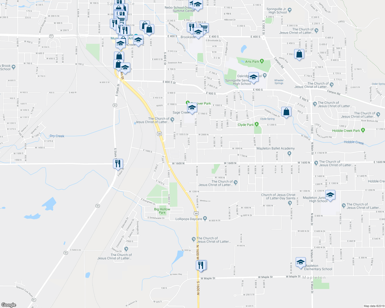 map of restaurants, bars, coffee shops, grocery stores, and more near 1729 North 1600 West in Mapleton