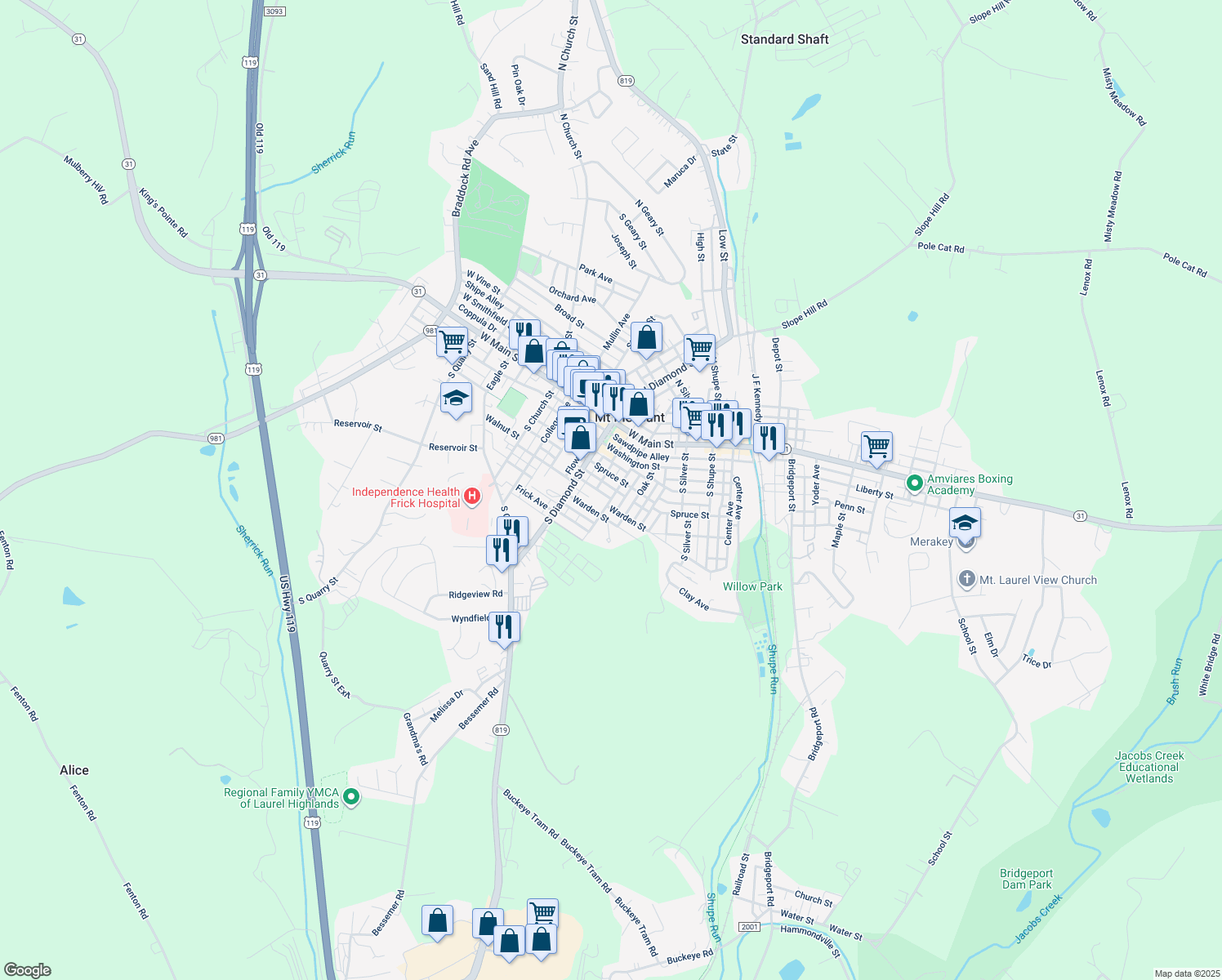 map of restaurants, bars, coffee shops, grocery stores, and more near 212 South Hitchman Street in Mount Pleasant
