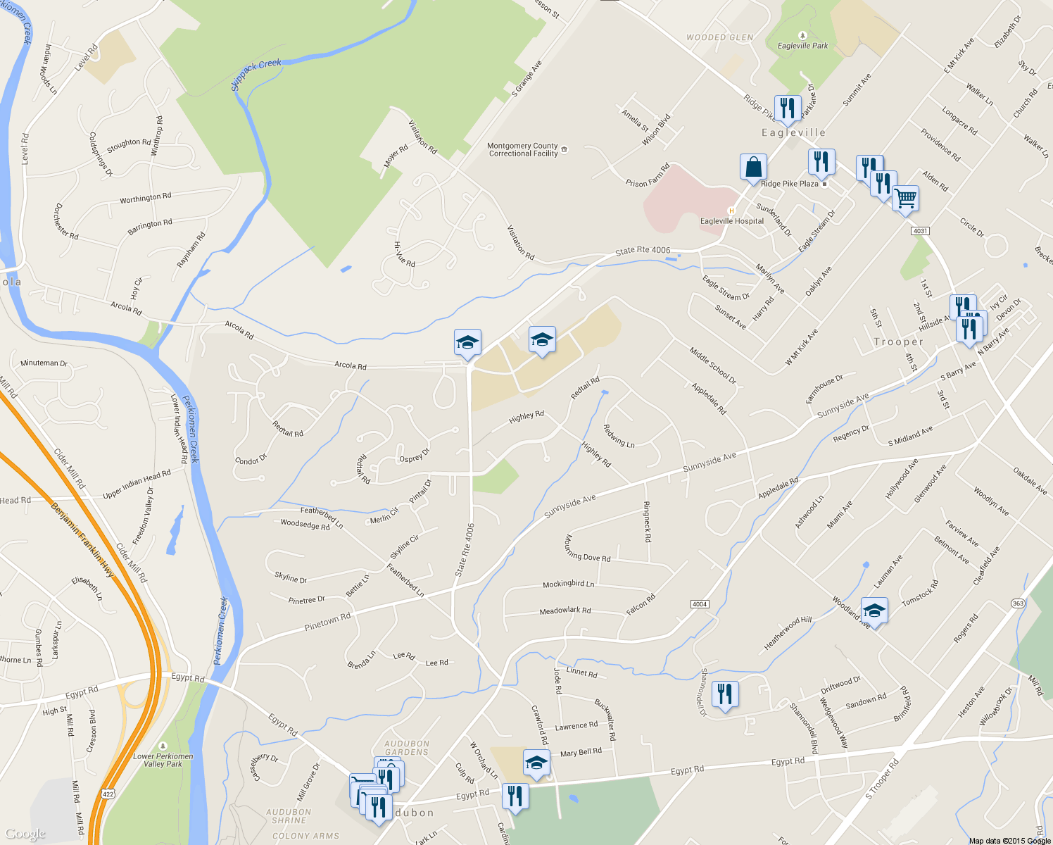 map of restaurants, bars, coffee shops, grocery stores, and more near 3084 Highley Road in Eagleville