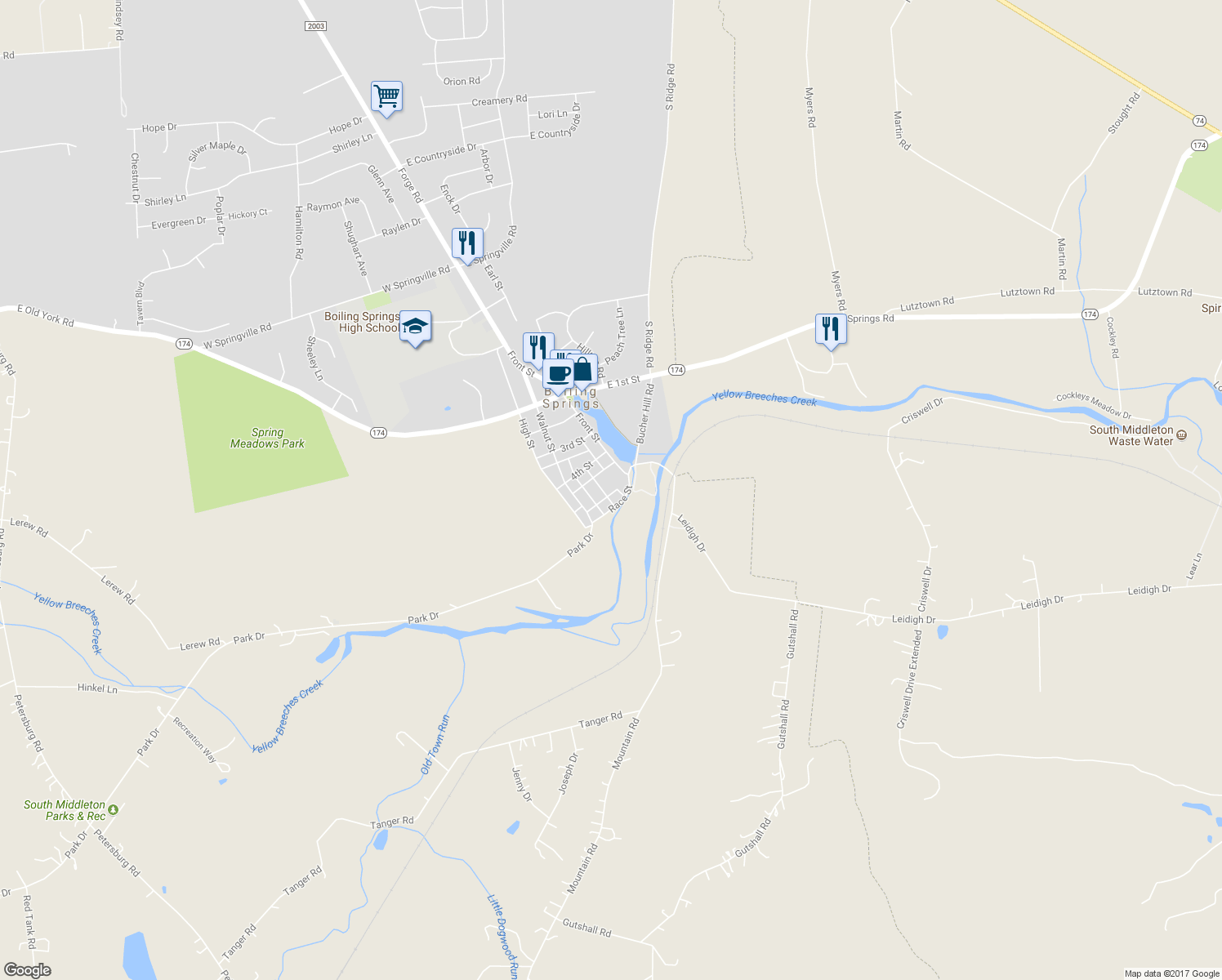 map of restaurants, bars, coffee shops, grocery stores, and more near 418 Kauffman Street in Boiling Springs