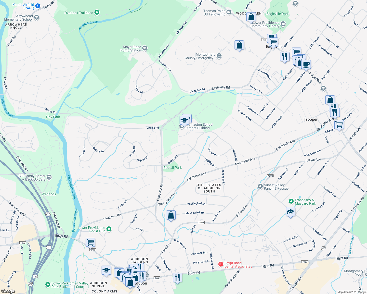 map of restaurants, bars, coffee shops, grocery stores, and more near 3082 Highley Road in Eagleville