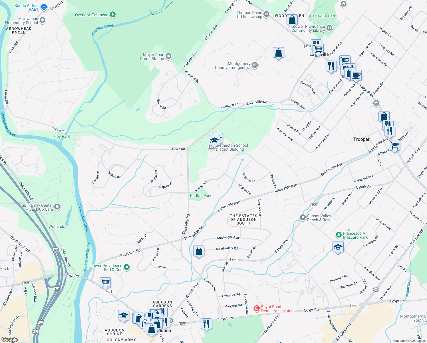 map of restaurants, bars, coffee shops, grocery stores, and more near 3084 Highley Road in Eagleville