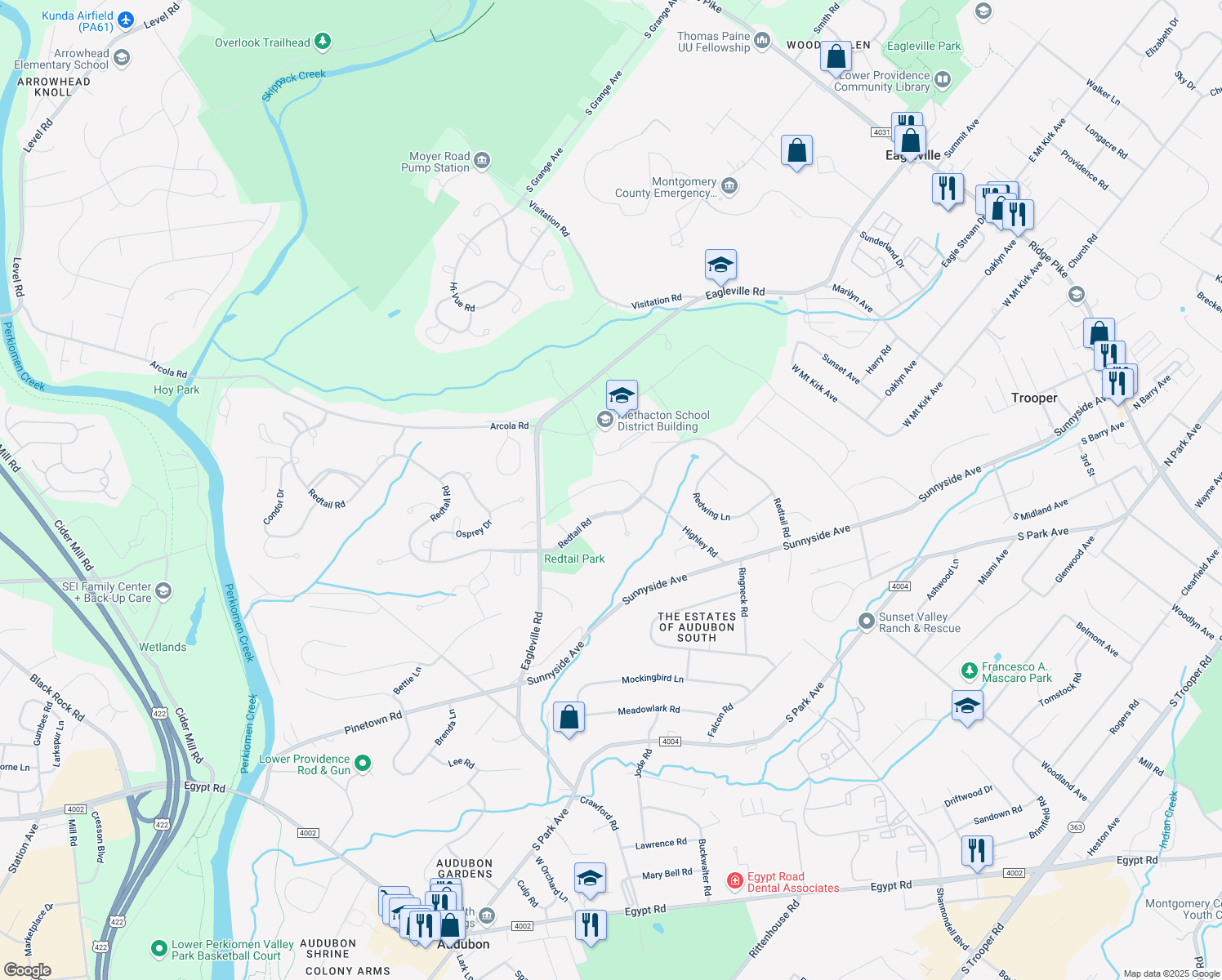 map of restaurants, bars, coffee shops, grocery stores, and more near 3082 Highley Road in Eagleville