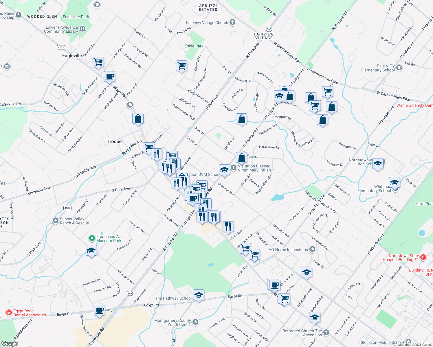 map of restaurants, bars, coffee shops, grocery stores, and more near 113 North Trooper Road in Eagleville