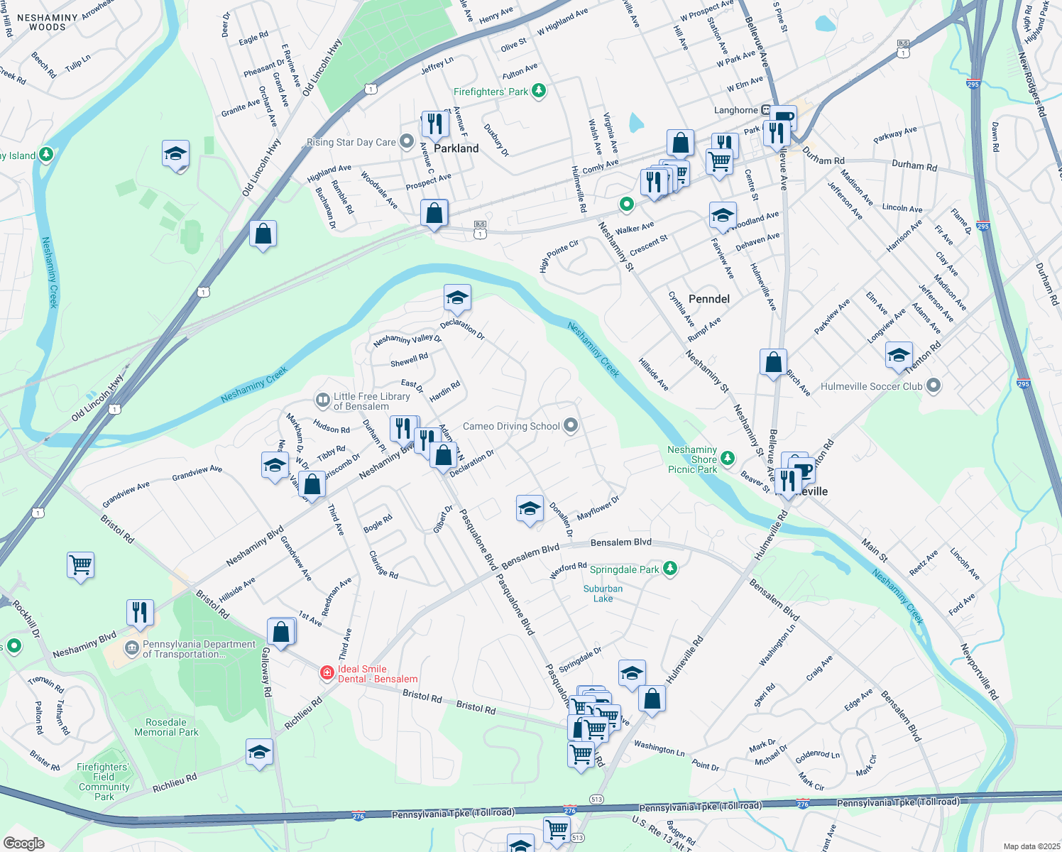 map of restaurants, bars, coffee shops, grocery stores, and more near 6340 Powder Horn Court in Bensalem