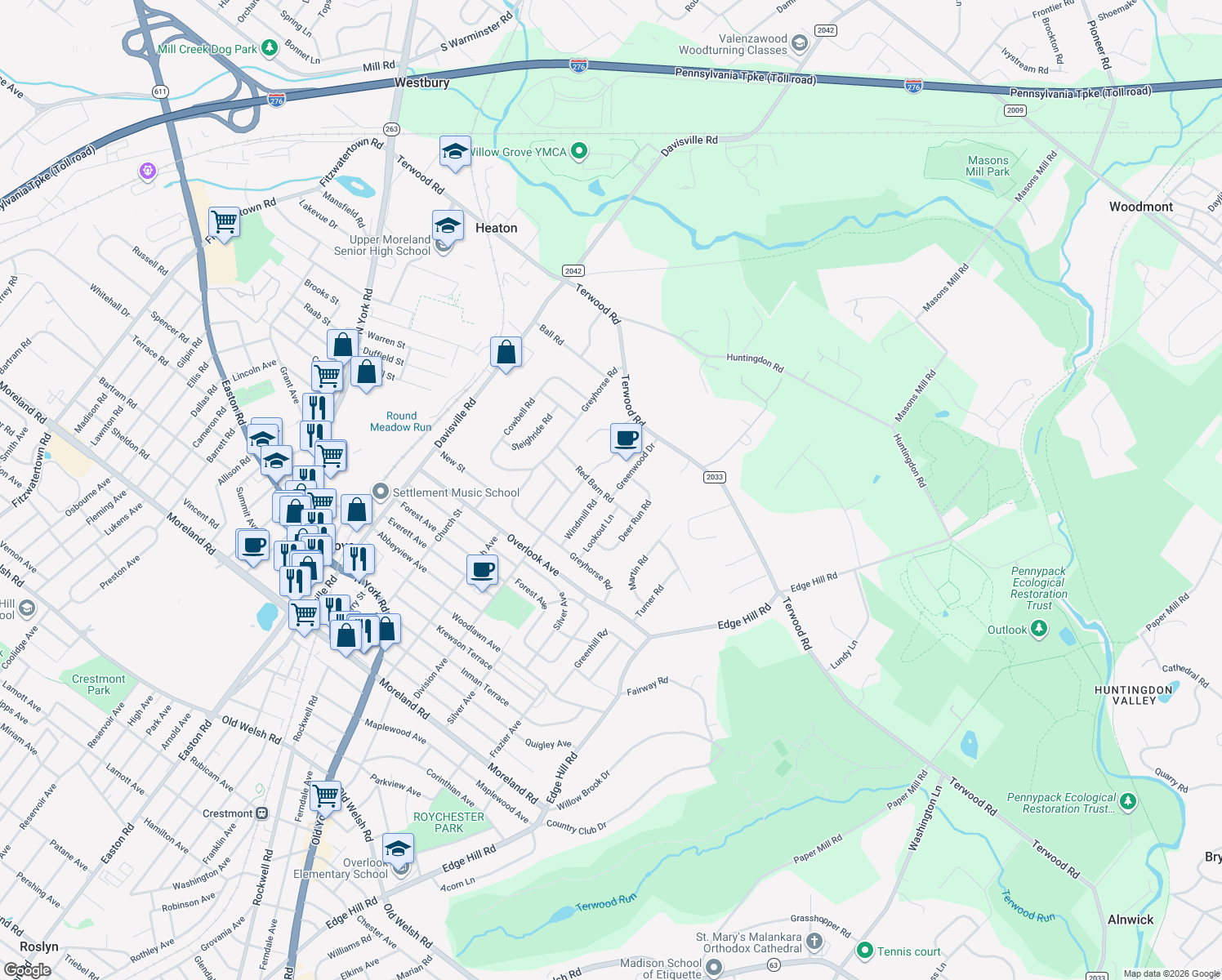 map of restaurants, bars, coffee shops, grocery stores, and more near 314 Red Barn Road in Willow Grove