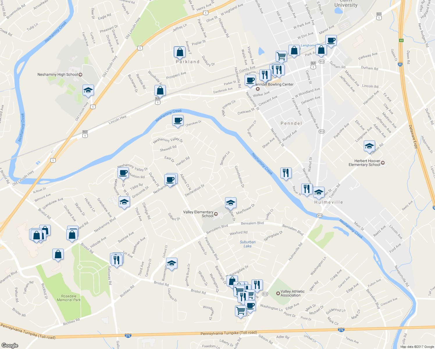 map of restaurants, bars, coffee shops, grocery stores, and more near 6344 Powder Horn Court in Bensalem