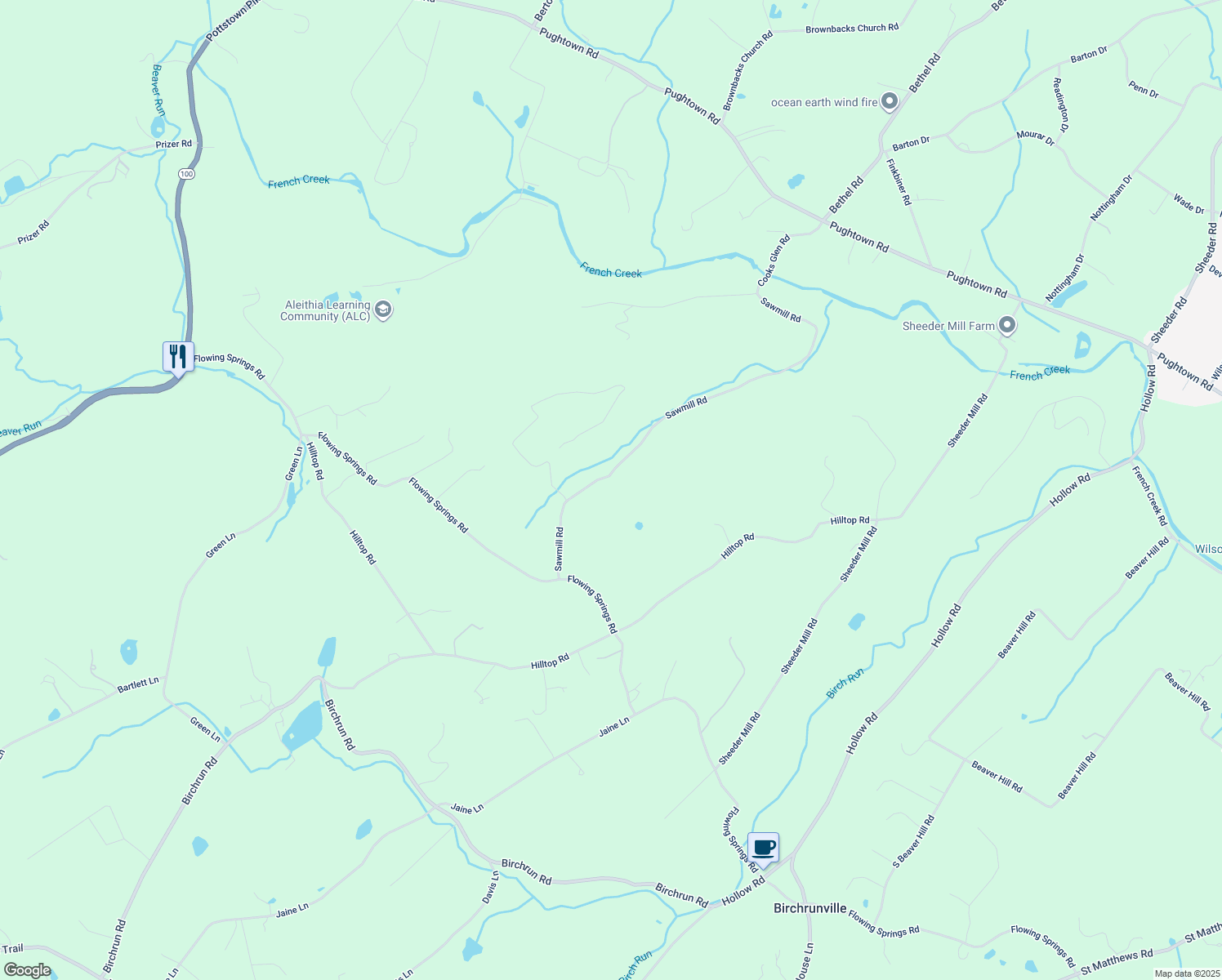 map of restaurants, bars, coffee shops, grocery stores, and more near 1672 Sawmill Road in Spring City