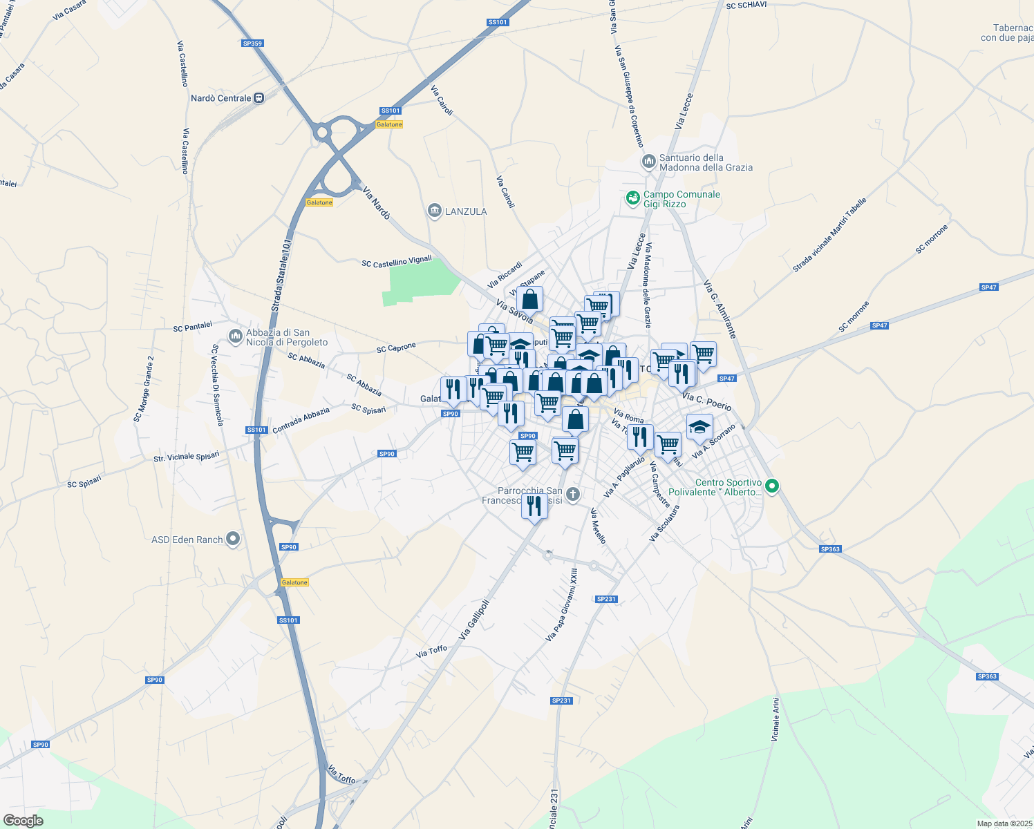 map of restaurants, bars, coffee shops, grocery stores, and more near 32 Via L. Spagna in Galatone