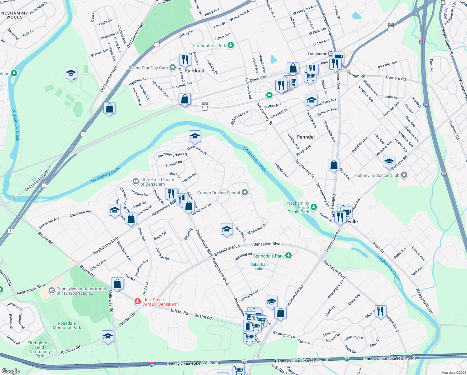 map of restaurants, bars, coffee shops, grocery stores, and more near 3125 Benjamin Rush Court in Bensalem