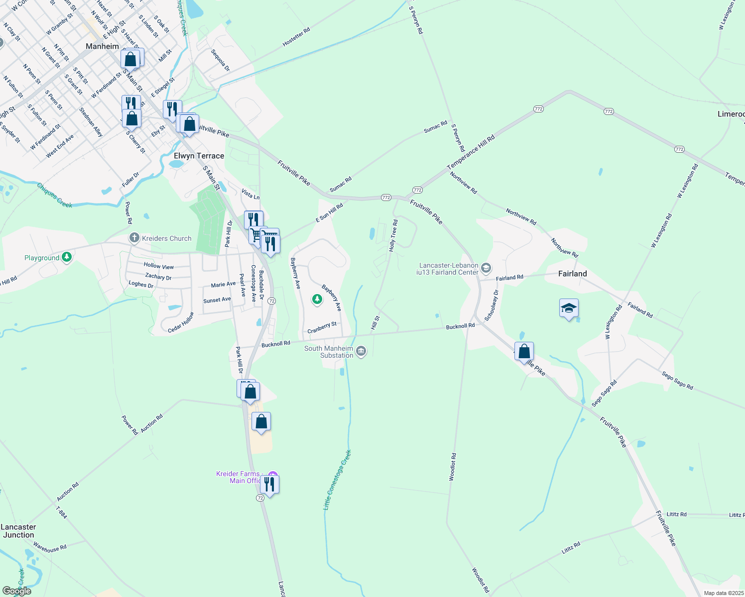 map of restaurants, bars, coffee shops, grocery stores, and more near 916 Holly Tree Road in Manheim