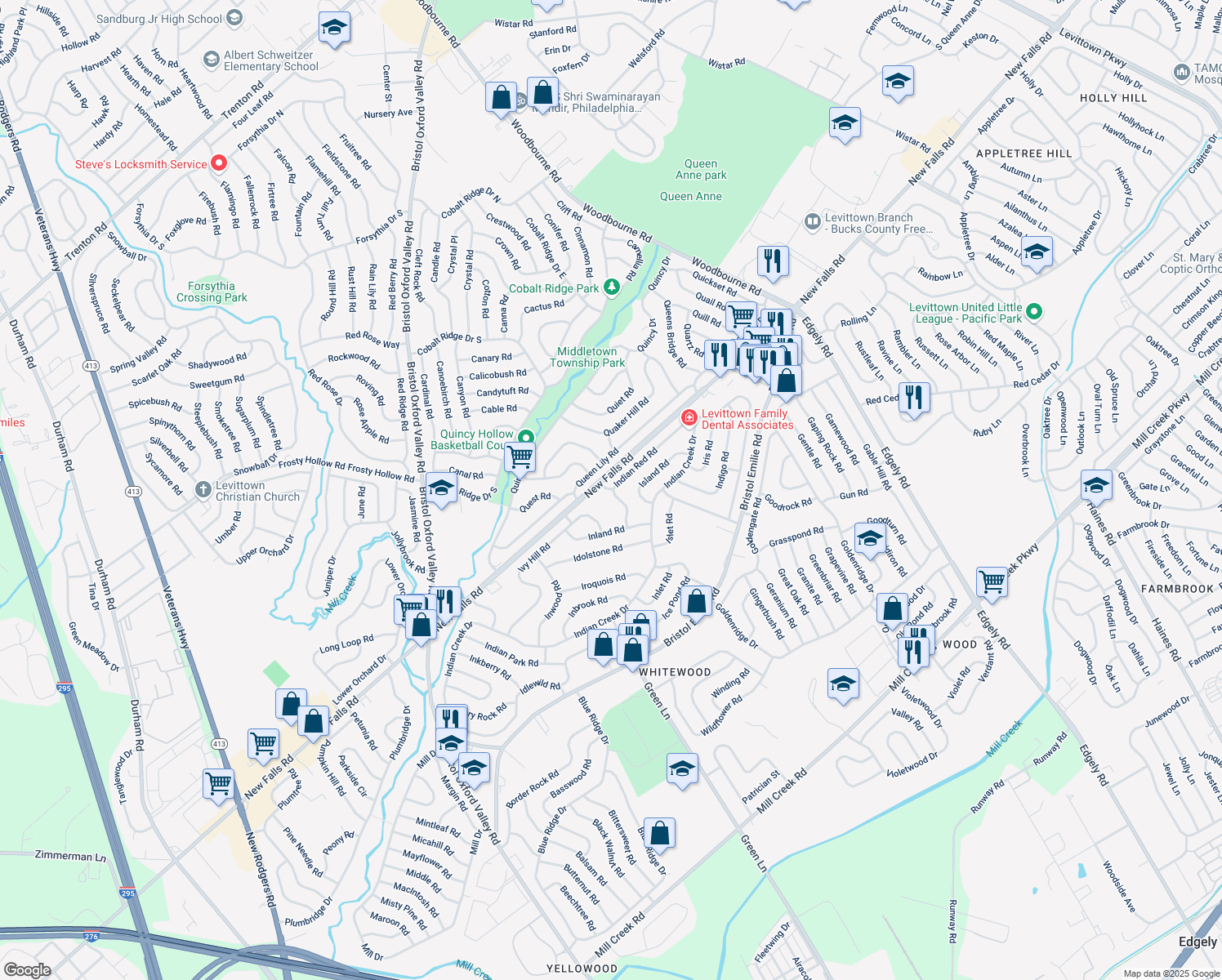 map of restaurants, bars, coffee shops, grocery stores, and more near 3 Indian Creek Way in Levittown