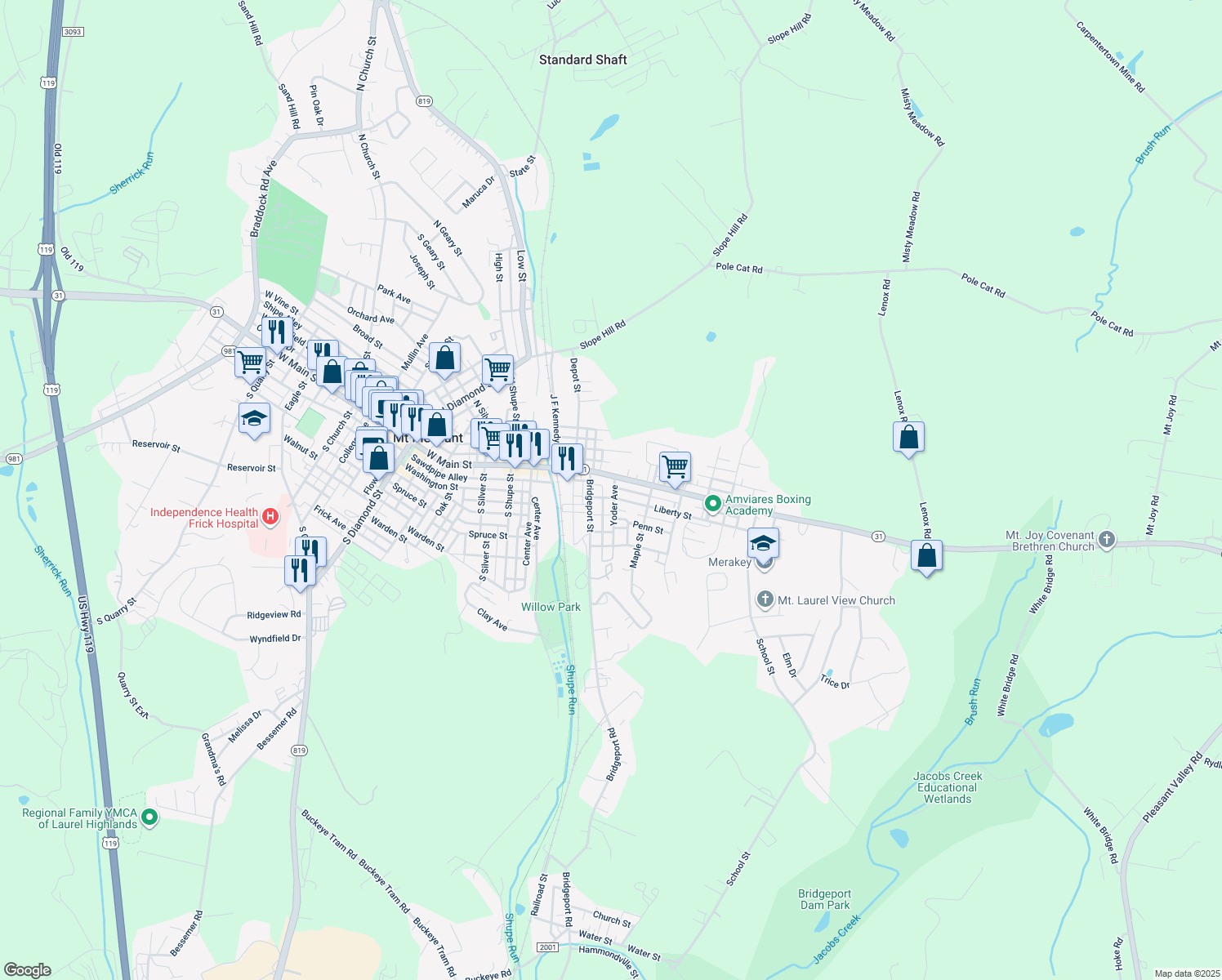 map of restaurants, bars, coffee shops, grocery stores, and more near 97 Yoder Avenue in Mount Pleasant