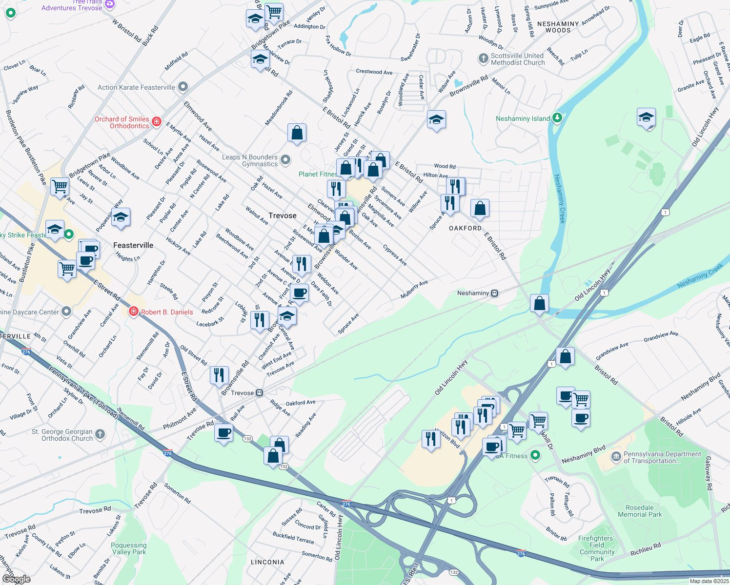 map of restaurants, bars, coffee shops, grocery stores, and more near 3863 Hollywood Avenue in Feasterville-Trevose