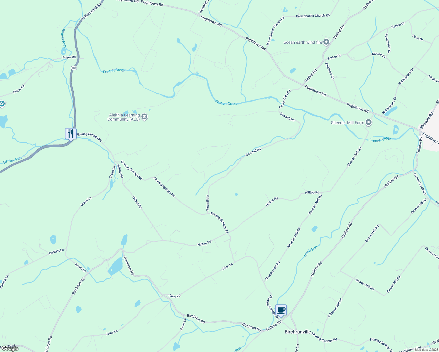 map of restaurants, bars, coffee shops, grocery stores, and more near 1672 Sawmill Road in Spring City