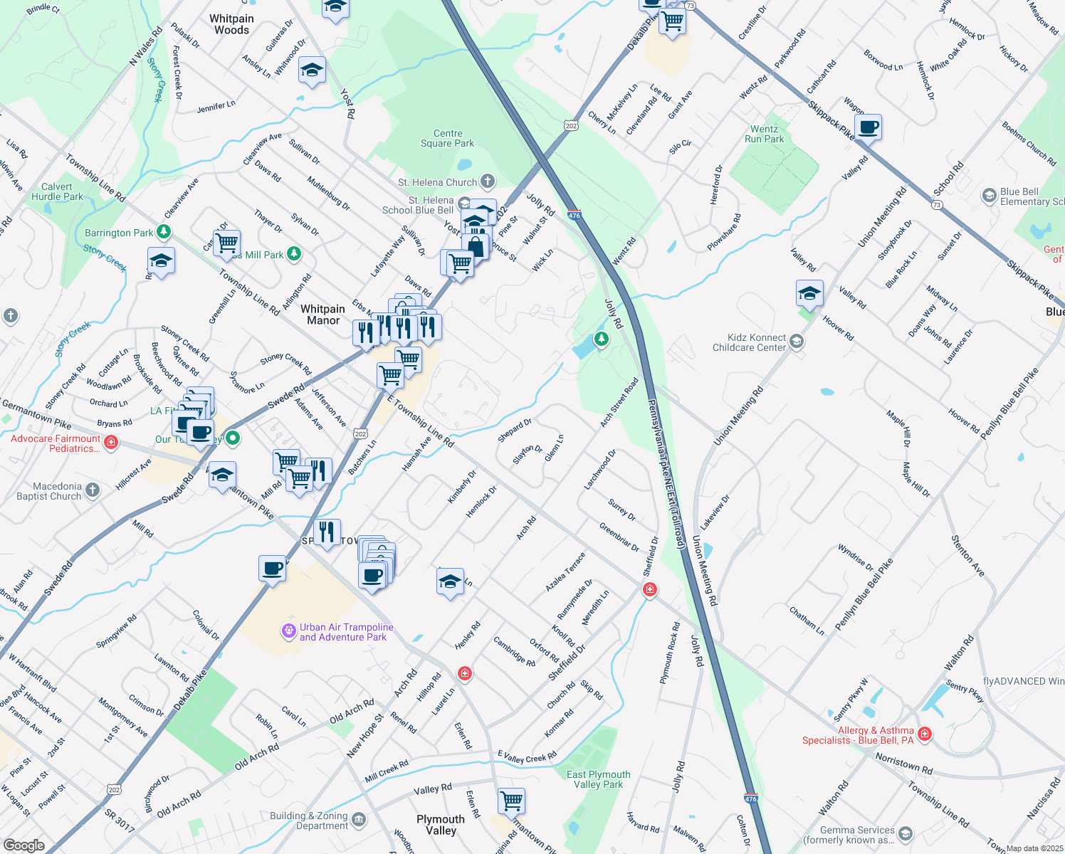 map of restaurants, bars, coffee shops, grocery stores, and more near 1705 Glenn Lane in Blue Bell