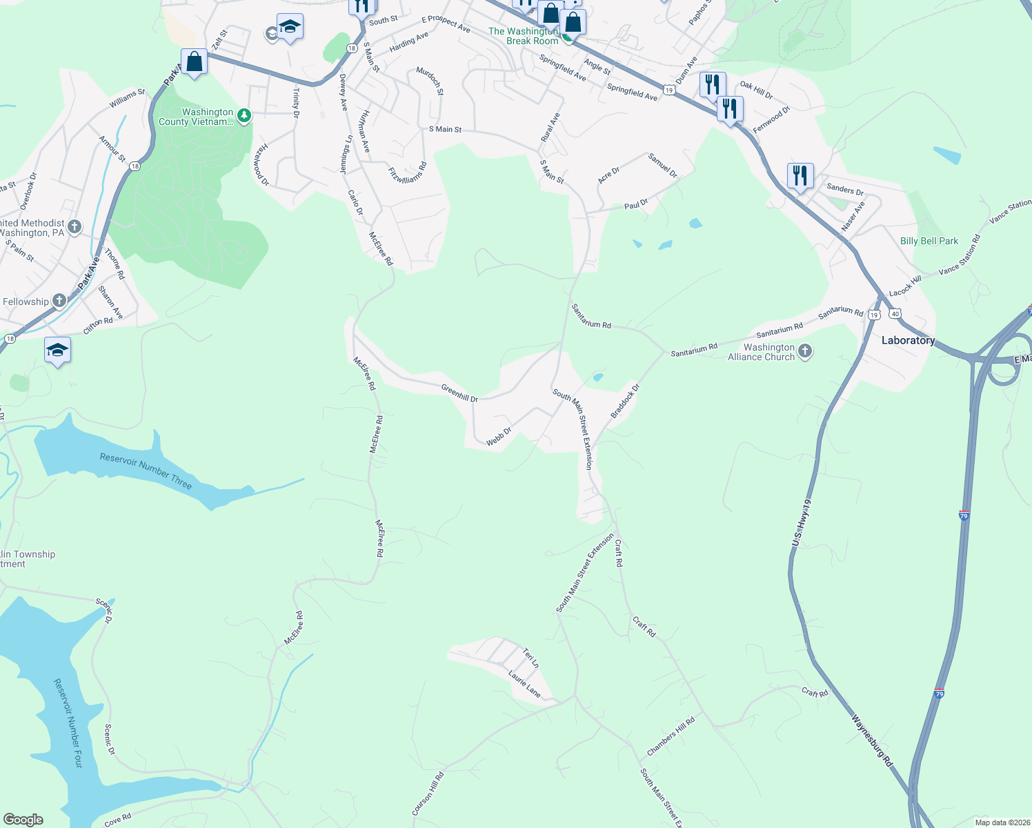 map of restaurants, bars, coffee shops, grocery stores, and more near 7 Farabee Street in Washington