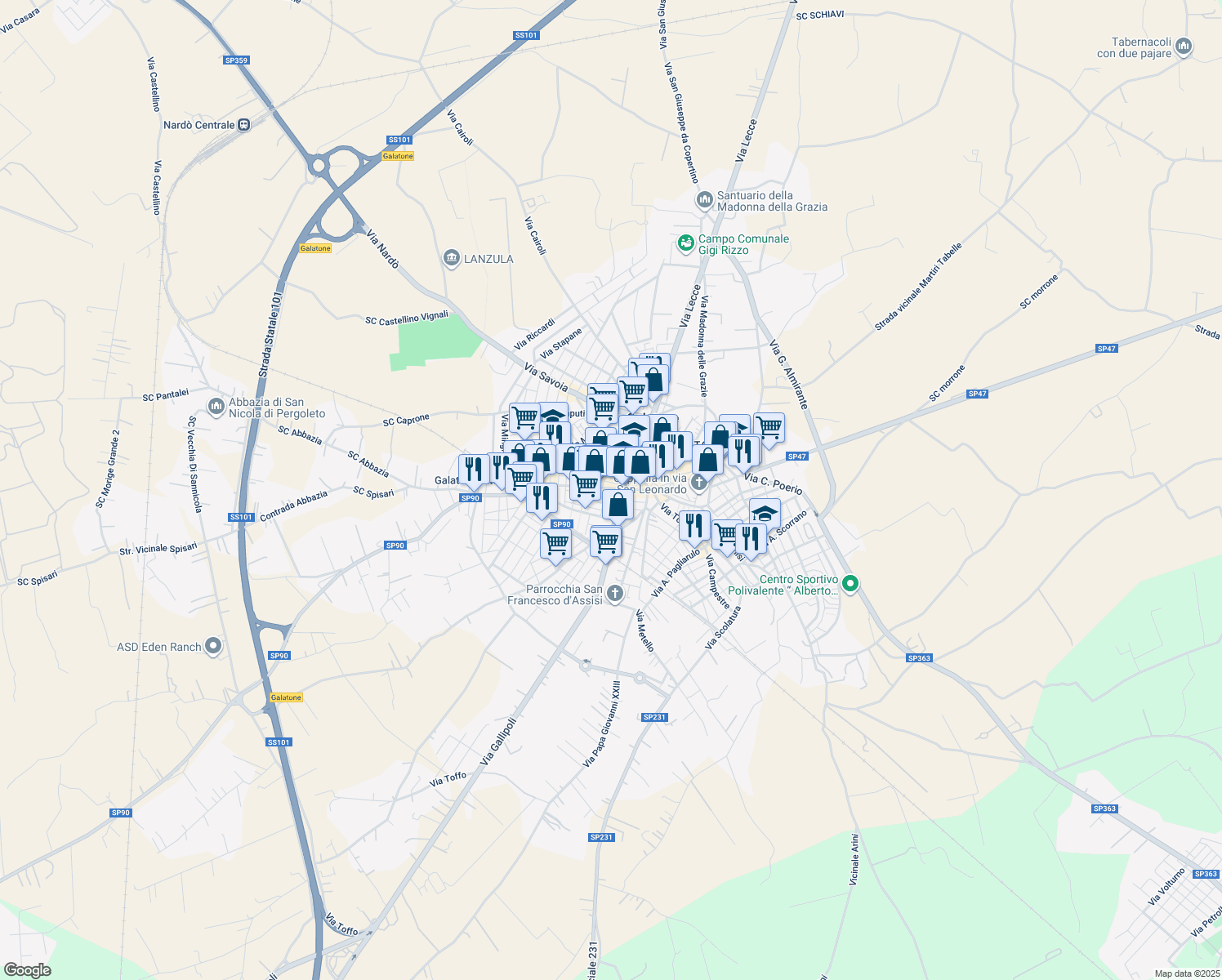 map of restaurants, bars, coffee shops, grocery stores, and more near 17 Via A. Manzoni in Galatone