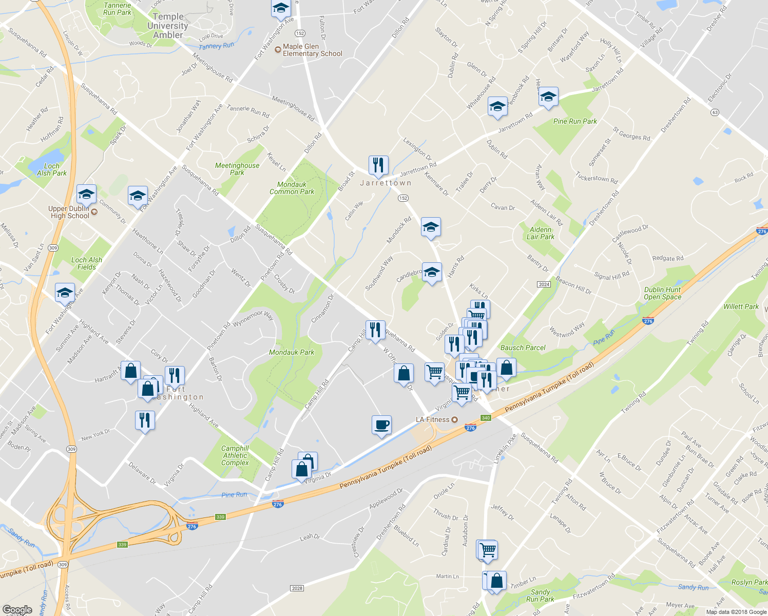 map of restaurants, bars, coffee shops, grocery stores, and more near 1401 Southwind Way in Dresher