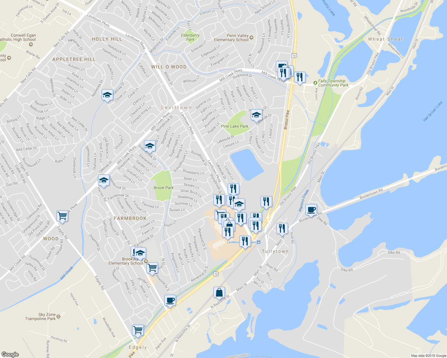 map of restaurants, bars, coffee shops, grocery stores, and more near 27 Lakeside Drive in Levittown
