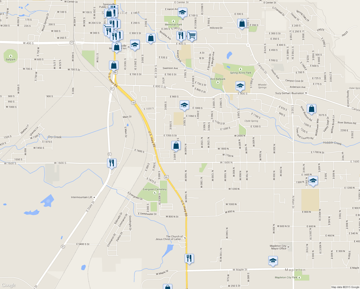 map of restaurants, bars, coffee shops, grocery stores, and more near 1403 South 625 East in Springville